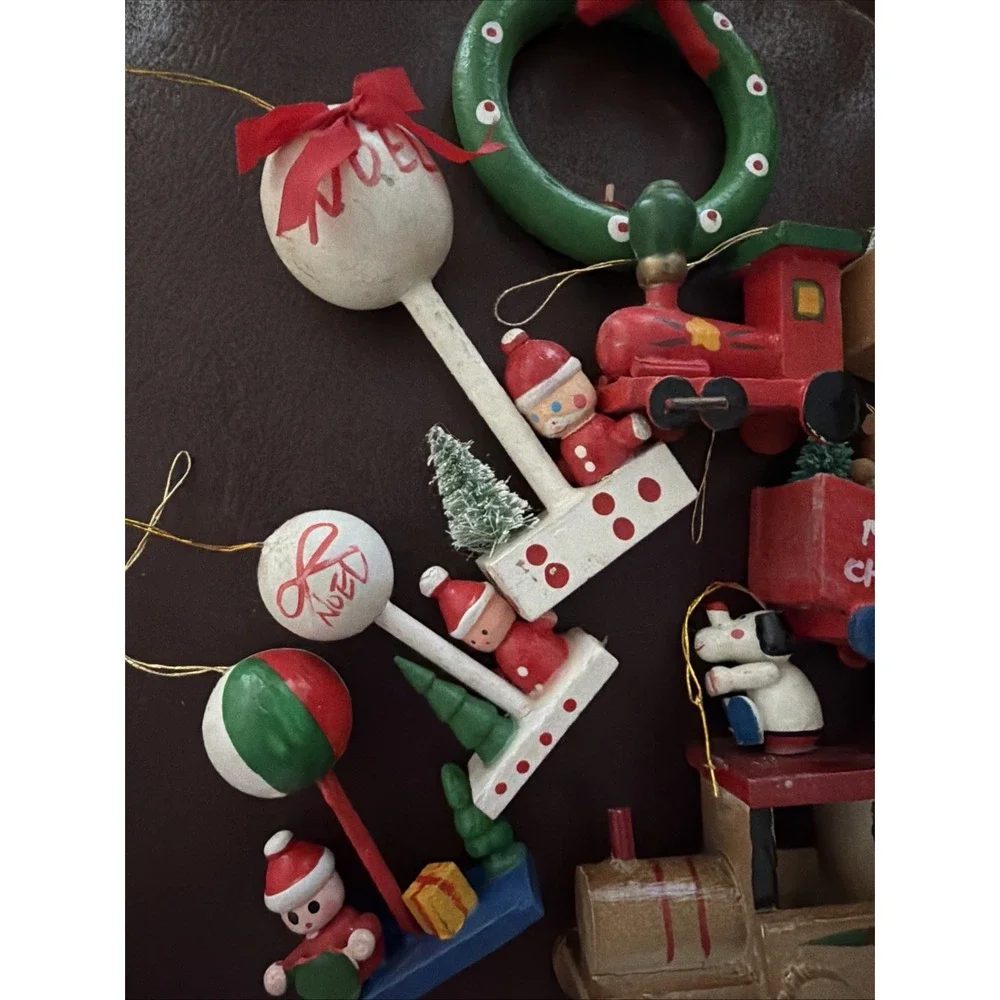 Vintage Wooden Christmas Ornaments Made in Taiwan Set of 10